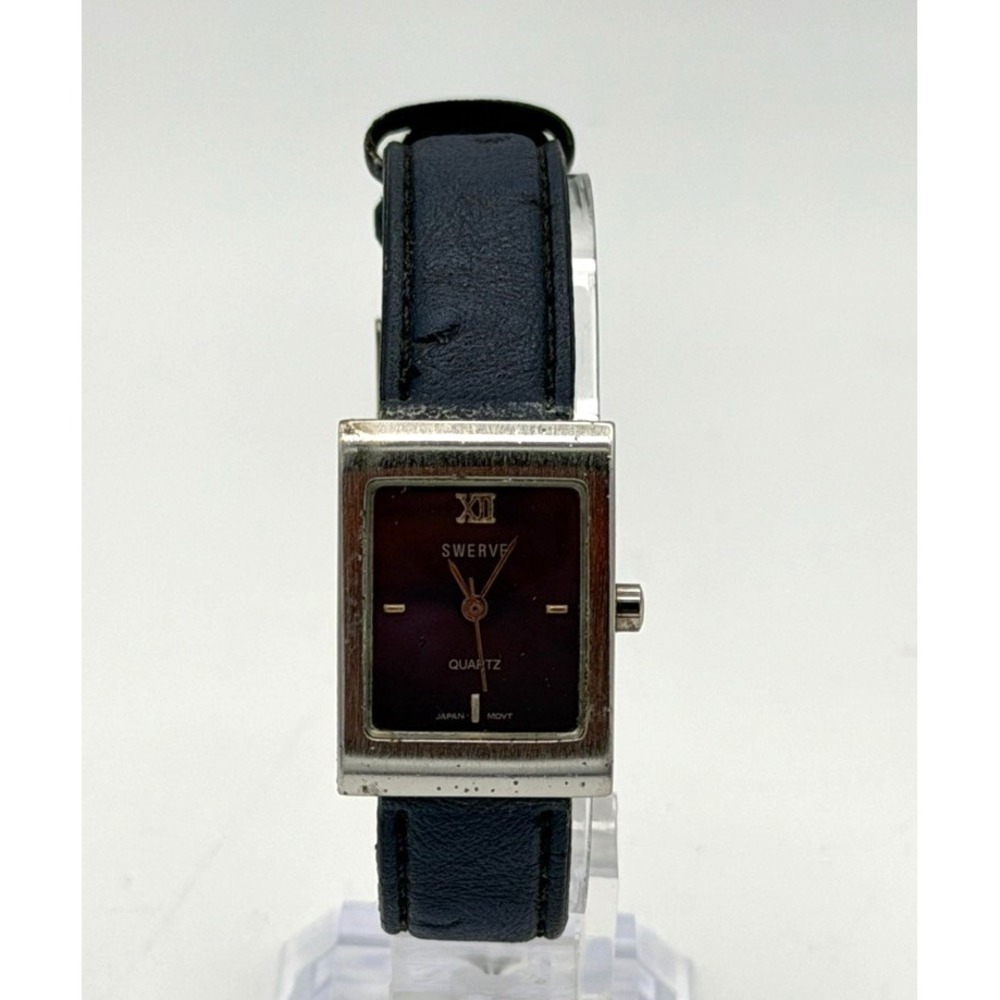 Swerve Womens Quartz Watch Burgundy Dial Rectangular Navy Leather Strap Working